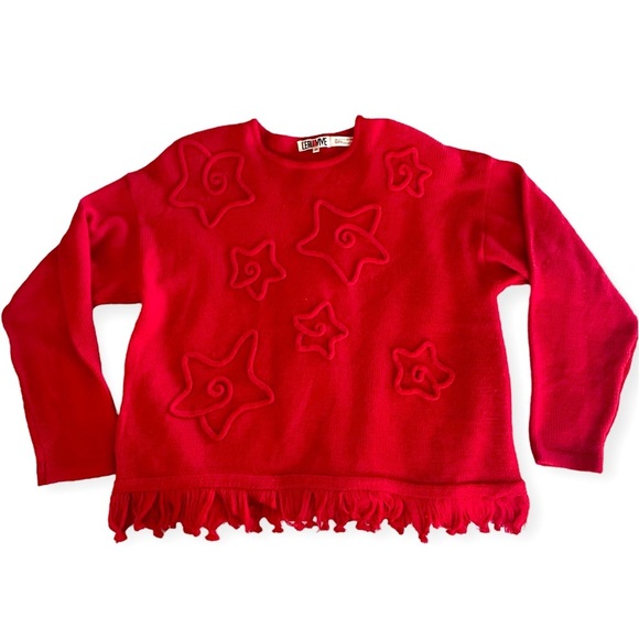 L’EAU VIVE  80s Red 3D Knit Stars Fringe Hem Sweater Size M - Picture 2 of 10